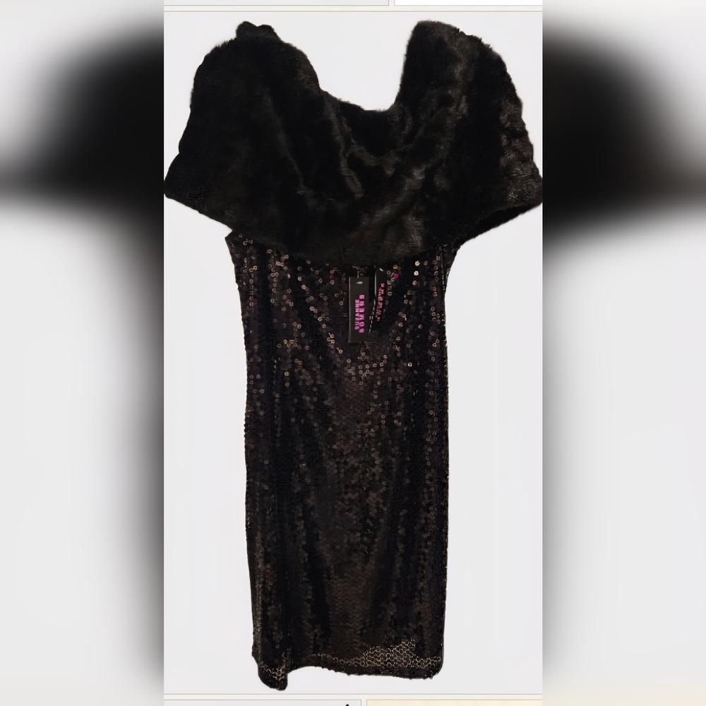 Suzanne Somers Black Sequin Dress Faux Fur Shrug and Bag